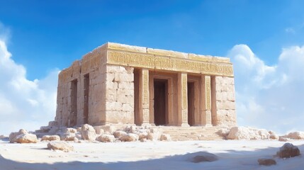 Obraz premium Ancient temple in a desert landscape. A large, light beige stone structure with pillars and doorways, sits atop a sandy, rocky terrain under a clear blue sky with scattered clouds.