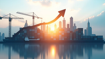 Obraz premium 3D Flat Icon: Warehouse Silhouette & Financial Strategy Plan for Growth Innovation