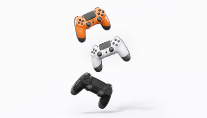 Realistic colorful video game joysticks or gamepads with color buttons on white