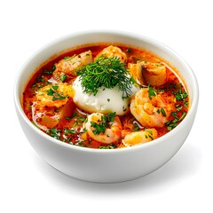 Bowl of shrimp soup with sour cream, dill, and herbs in red broth. Studio food photography. Seafood dish and traditional cooking concept. Design for poster, banner, print, greeting card. Front view

