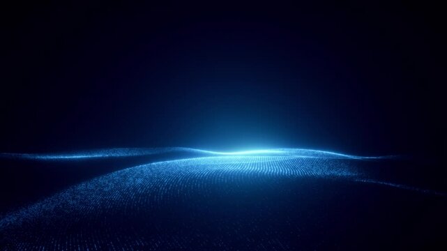 Abstract digital landscape with glowing blue particles forming smooth wave patterns on a dark background. Futuristic technology concept, representing data flow, neural networks
