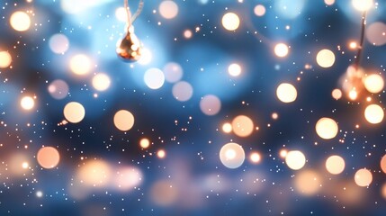 Golden pear decorations on a blurred blue background with bokeh and glitter