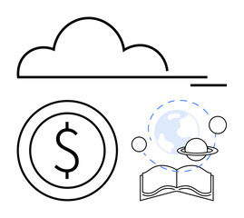 Cloud shape, currency coin, and open book with planetary system and Earth signify cloud tech, global education, and finance. Ideal for learning, innovation, economy, science knowledge tech flat
