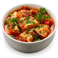 Bowl of fish stew with tomato sauce, herbs, green peas, and vegetables. Studio food photography. Traditional homemade meal and cooking concept. Design for poster, banner, print, greeting card.