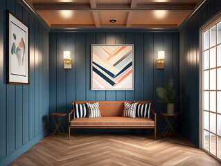 Modern hallway wall panelling in navy blue colors, simple minimalist furniture and artwork on the wall. Hall with wooden wall panels