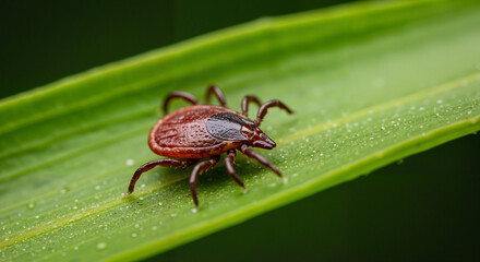 Tick crawling on green leaf in nature  