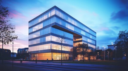 A contemporary office building illuminated against the twilight sky.