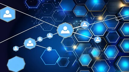 Abstract digital network connection with hexagonal patterns and user icons on a blue background - Powered by Adobe