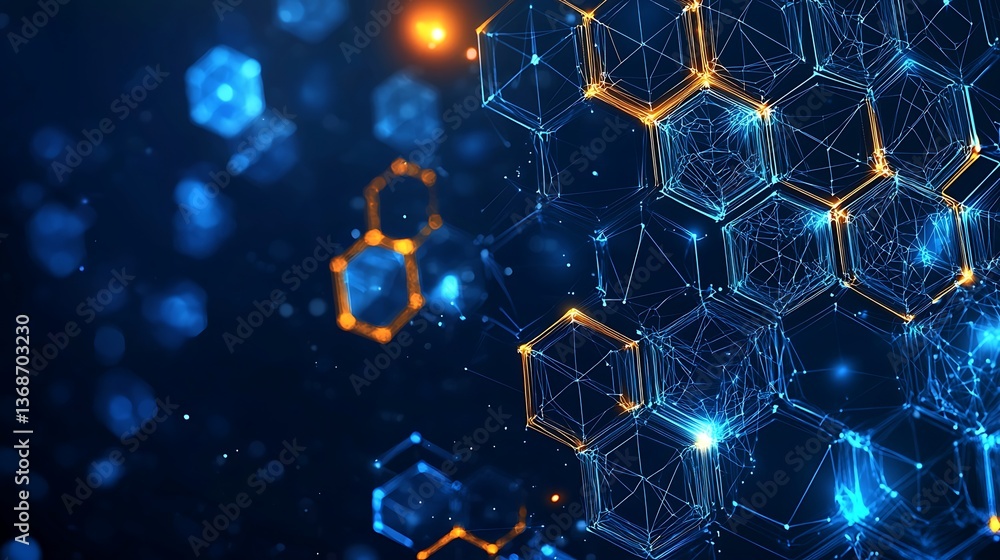 Poster abstract digital sphere with interconnected hexagons and glowing lines. complex network of interconn