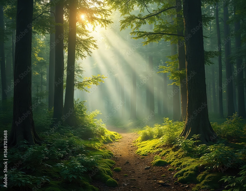 Poster mystical forest scene with sunlight filtering through trees. pathway leads into fog. nature, environ