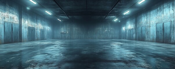 Wide panoramic 3D rendering of a dark moody futuristic cyberpunk city street