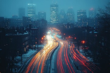 Obraz premium Night city highway, light trails, winter scene