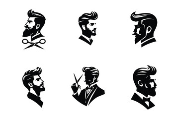 Handsome face man beard man emblems icons. Set of vector bearded hipster men faces. Haircuts, beards, mustaches set vector illustration