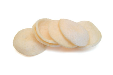 Fresh crunchy prawn crackers on white background 
