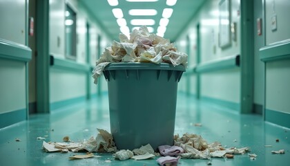 Medical waste bin overflows in hospital corridor. Hazardous used medical supplies, trash, debris creates a biohazard risk in emergency room. Unsanitary conditions, hygiene concerns arise.