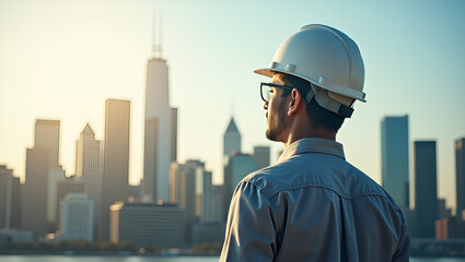 Photo Realistic Double Exposure: Houston Cityscape with Oil Rig & Hard Hat Symbolizing Industrial Lifestyle