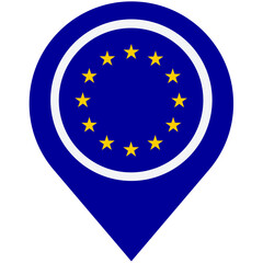 Europe's location pin, a symbol of unity and connection across the continent, shown in bold blue with golden stars, simple and clean design.