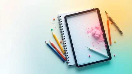 3D Flat Icon: Creative Fusion of Digital and Traditional Art - Tablet, Sketchbook, and Colored Pens in Double Exposure with Ample Copy Space on White Background