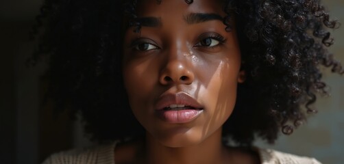 Young black woman with worried face expression. Sad afro-american girl experiences stress, anxiety. Portrait of thoughtful, pensive, frustrated woman with tired, concerned look. Psychological trauma.