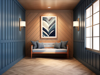 Modern hallway wall panelling in navy blue colors, simple minimalist furniture and artwork on the wall. Hall with wooden wall panels