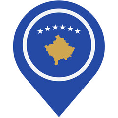 Discovering Kosovo: A vibrant blue map marker showcasing the proud golden outline of Kosovo against a crisp white circle, encircled by a ring of stars.