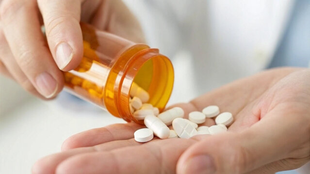 A close-up of hands pouring pills from a medication bottle into a palm.