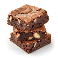 Stack of three chocolate brownies with pieces of nuts inside. Studio food photography. Homemade dessert and baking concept. Design for poster, banner, print, greeting card. Front view

