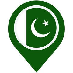 A vibrant green map marker proudly displays the Pakistani flag, symbolizing national pride and location in a bold, simple design.