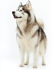 A stunning Alaskan Malamute standing tall and proud against a bright white backdrop, showcasing its thick, fluffy fur and strong build. 