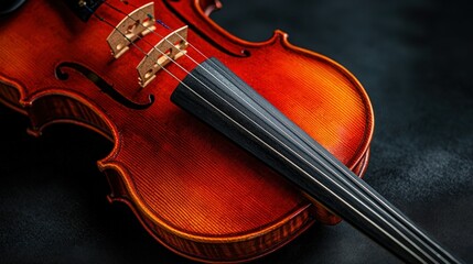Fototapeta premium Polished violin detail, rich amber hues, dark background.