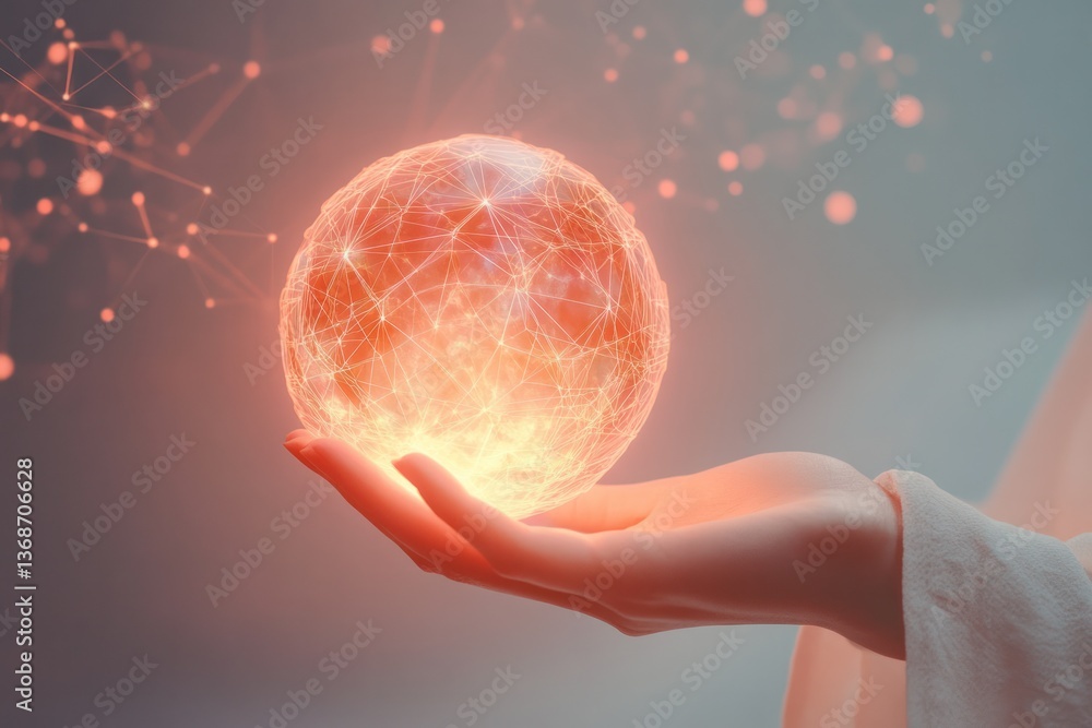 Poster a woman hand gently holding a glowing sphere, symbolizing a global network connection, with polygona