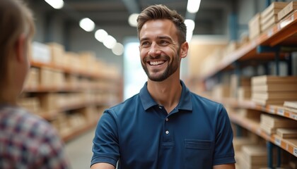 Young man serves customer in store. Smiling sales consultant in admiral blue polo shirt. Building materials. Customer service concept. Cheerful friendly attitude, positive emotions. Retail, interior.