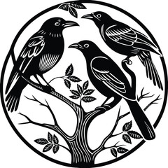 Vector silhouettes set of birds at tree branches  and isolated background.