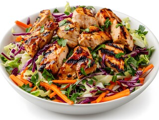Grilled chicken salad with cabbage, carrots, red cabbage and fresh herbs served in white bowl isolated on white background. Studio food photography. Healthy eating and lunch concept. Design for poster
