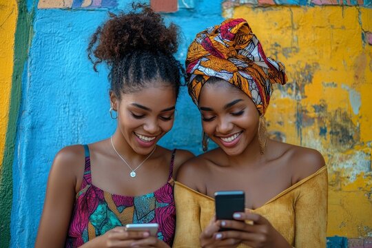 two young african women having fun looking phone - Powered by Adobe