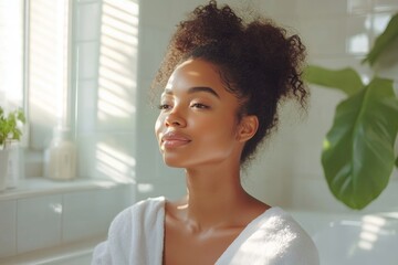 Young Black lady applying hand cream while sitting on bathtub in light bathroom interior, woman enjoy making beauty treatments