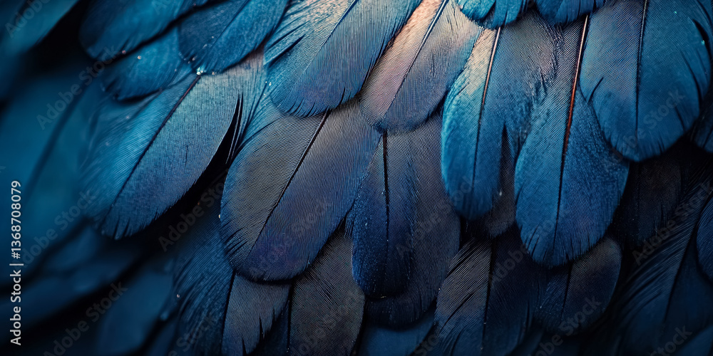 Poster close up of a bird's feathers, with a blue and white pattern. the feathers are arranged in a way tha
