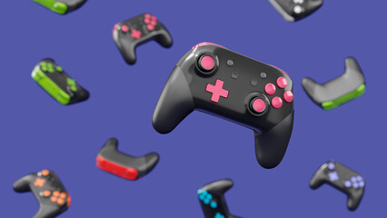 Realistic video game joysticks or gamepads rotating and falling on violet