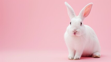 Fototapeta premium White rabbit pick up on a light pink background