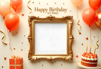 birthday cake with candles and balloons