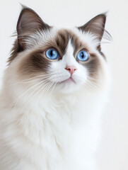A beautiful Ragdoll cat, with striking blue eyes and a silky coat, standing calmly against a white background. 