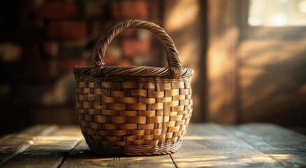 Decorative Woven Basket With Dried Flowers in Sunlight on a Rustic Wooden Table