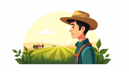 3d Flat icon as Farmer double exposure with farmland concept as A farmers profile combined with farmland symbolizing agricultural responsibility and sustainability. Ideal for agricultural and environm