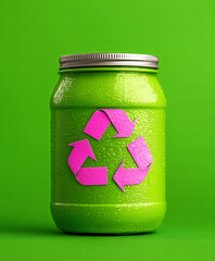 Pink recycling icon on fresh green jar. Modern eco friendly design on green background