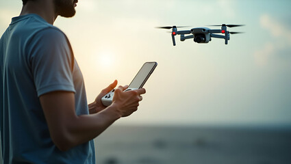 3d Flat icon as Person using a drone controller and a drone symbolizing drone technology adoption in double exposure with copy space. concept as A person using a drone controller blended with a drone 