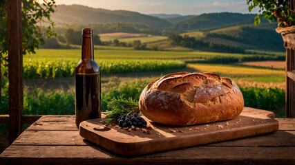 Warm freshly baked bread and wine bottle on a wooden table in the garden