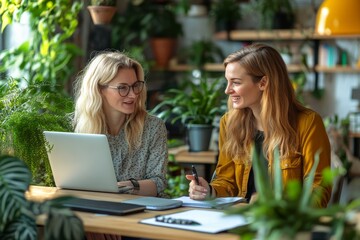 Two happy busy business women of young and middle age talking in green cozy office sitting at desk. Professional ladies executives having conversation