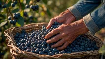 Senior man harvesting blueberries in the garden