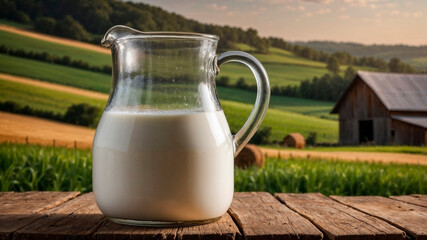 Glass jug full of milk on a wooden table in front of a rural landscape