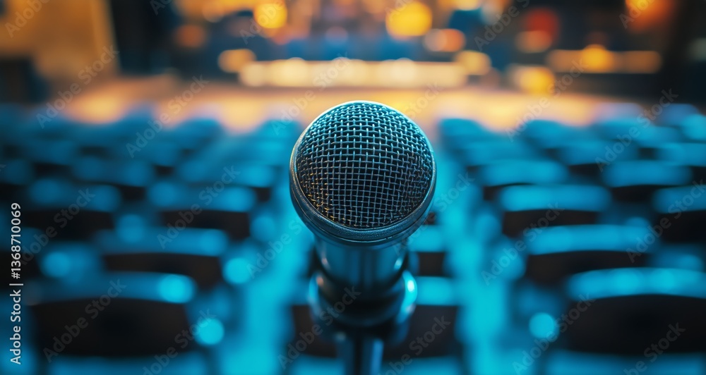 Poster microphone positioned in an empty theater ready for a live performance at night